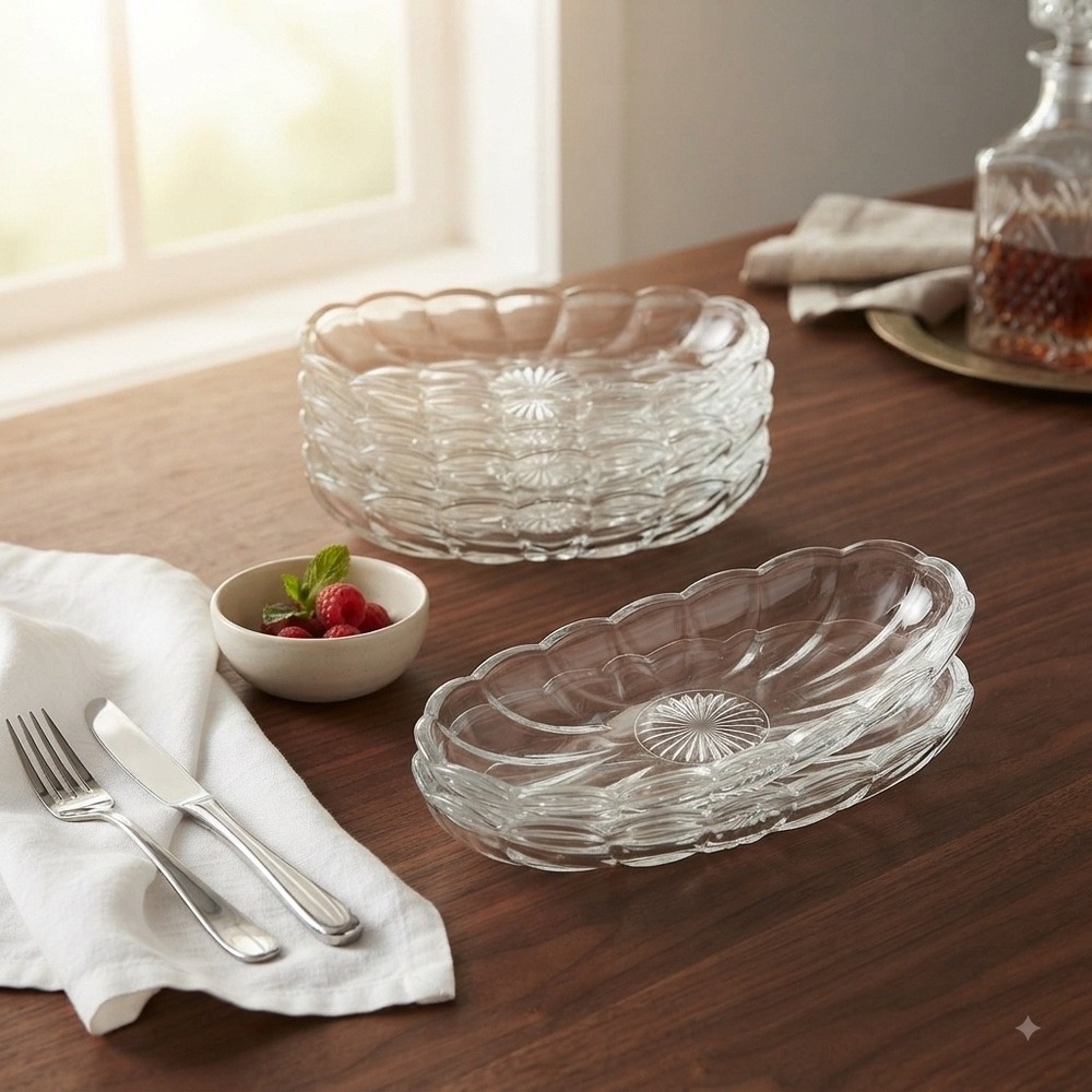 Vintage Clear Pressed Glass Banana Split Bowls Sunburst Scalloped Set of 6